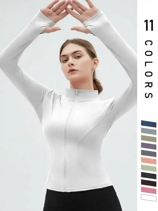 Women'S Thumb Holes Zip up Sports Jacket, Sporty Plain Long Sleeve Tops, Women'S Sportswear for Tennis Pickleball Indoor Outdoor Wear, Sports Outerwear, Zip Front Jacket